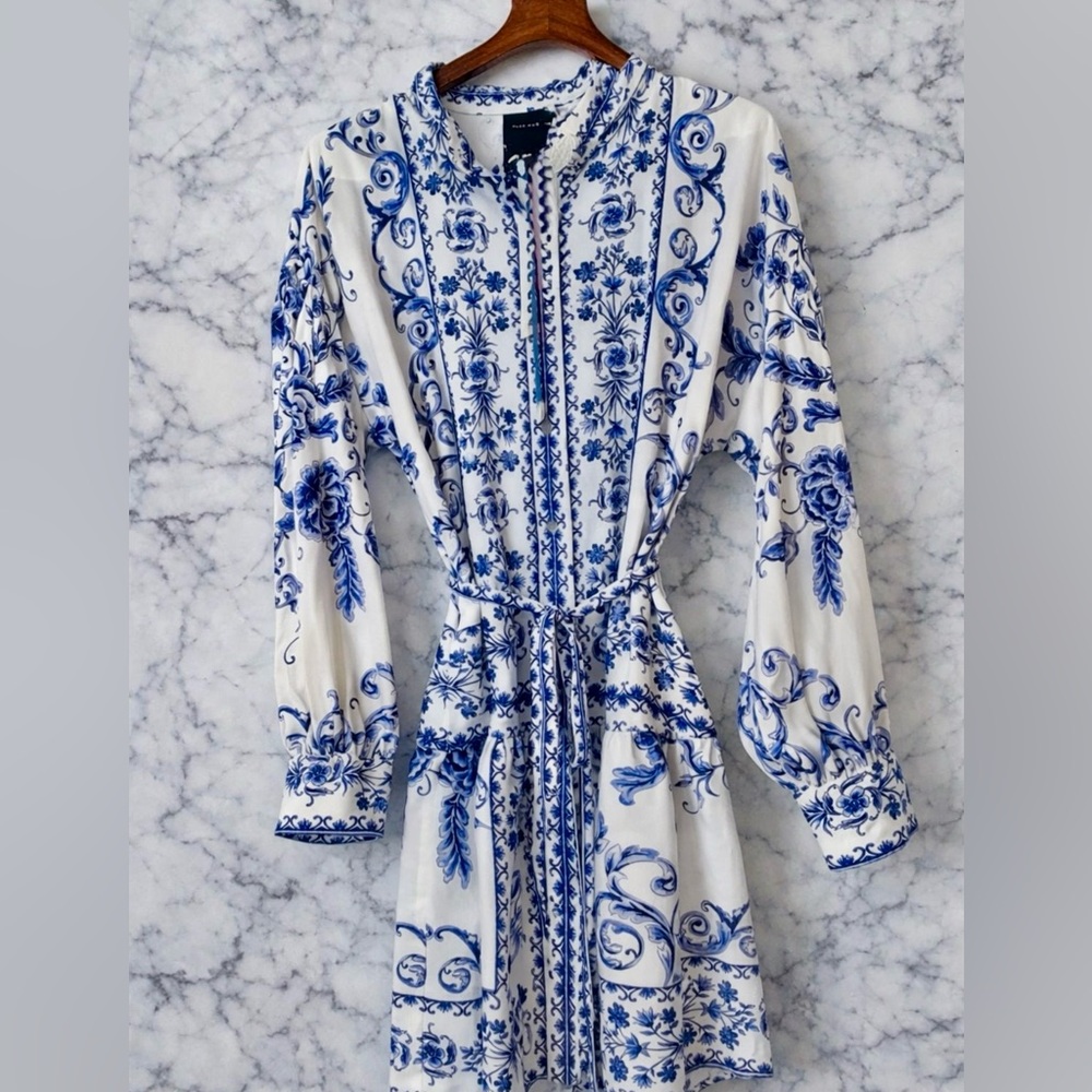 Alex Marie Wren Flor Blue Chinoiserie Scroll Mini Dress tie belt size 8 medium